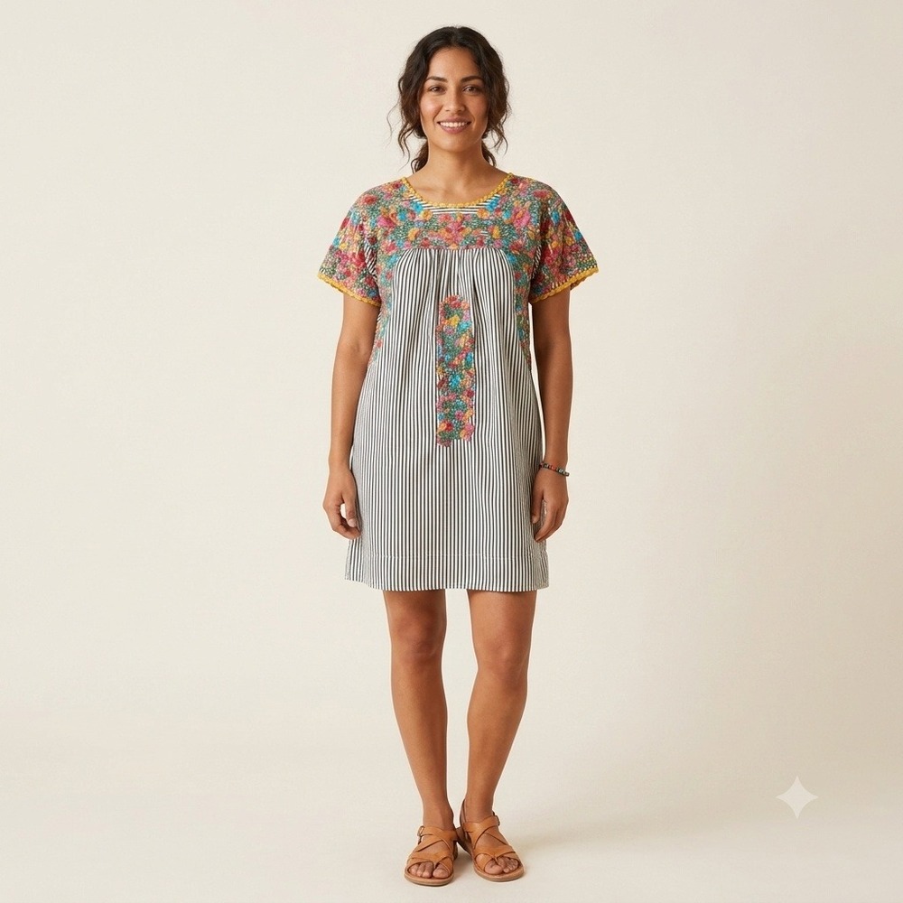 Sister Mary Stripe Marylou Embroidered Floral Boho Mini Dress Navy Blue XS